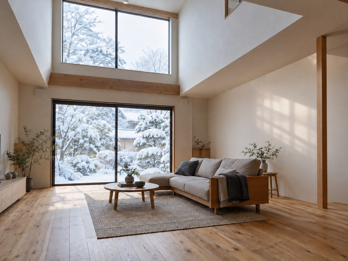 吹き抜けのある明るい居間。高い窓と引き違いの窓から、雪の庭が見える