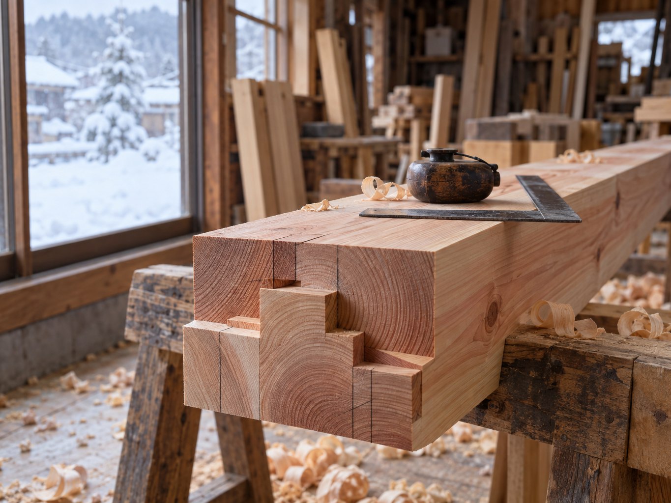 雪の日の作業場。継ぎ目を刻んだ杉の柱の上に、さしがねと墨つぼ