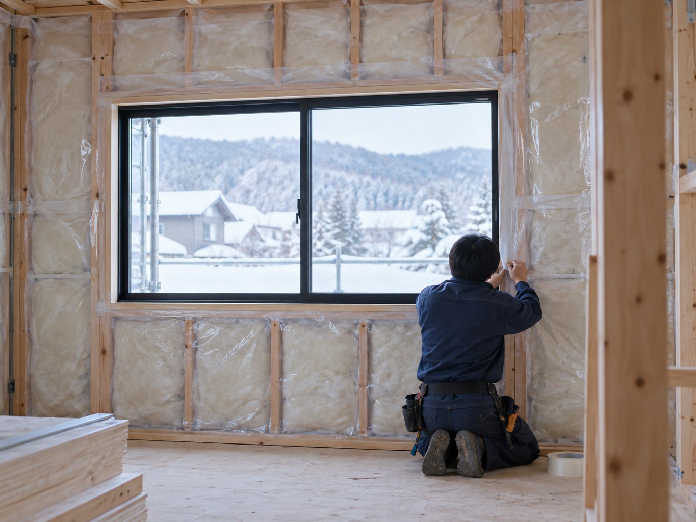 建築中の家で、紺の作業着の大工がひざをついて、窓のまわりに気密テープを貼っている。外は雪