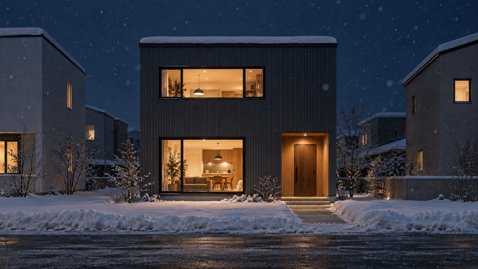 雪の夜の住宅地に建つ、濃いグレーの外壁の2階建ての家。窓に、あたたかい灯り