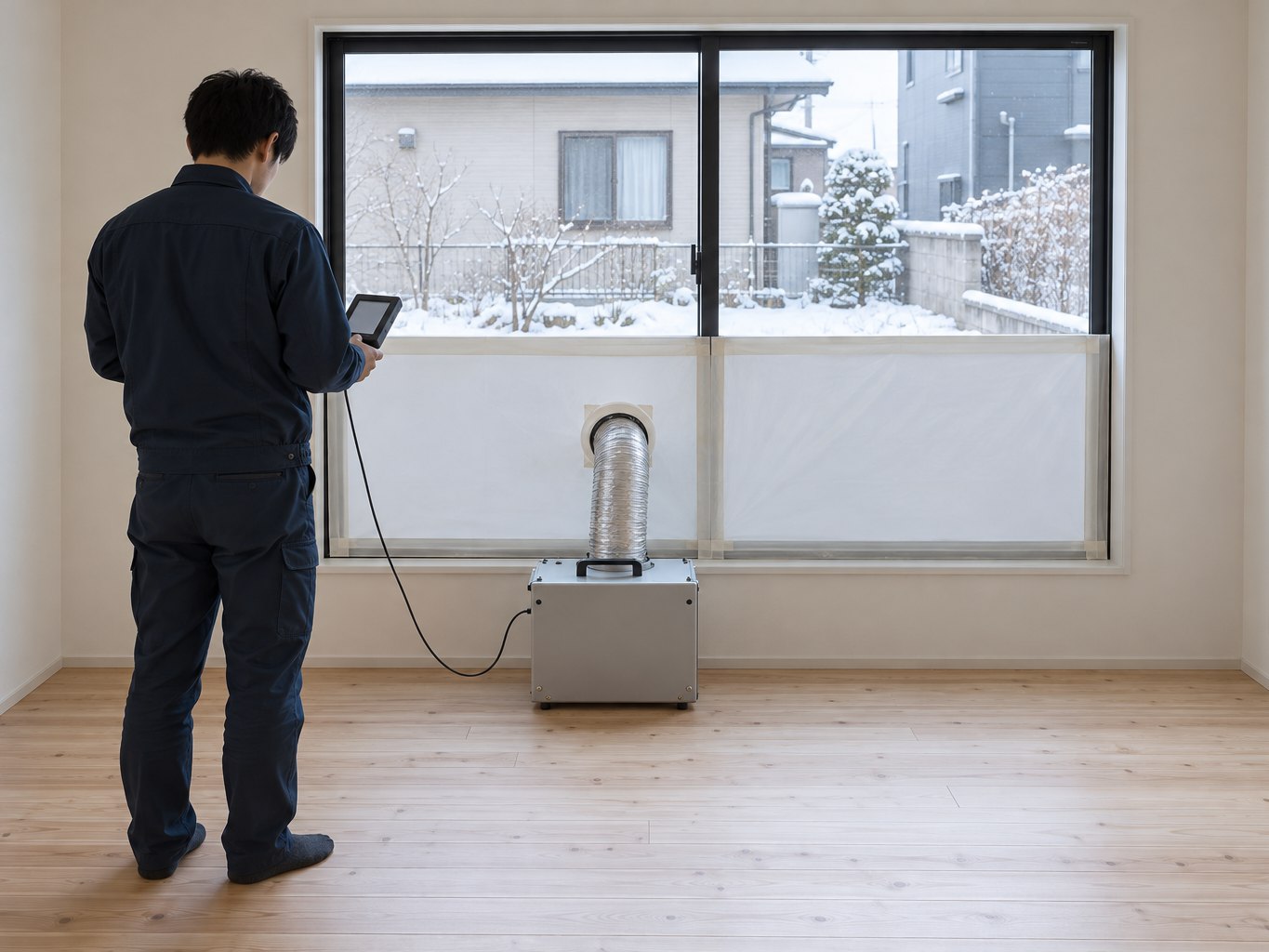 窓の下半分を白い板でふさぎ、床の灰色の機械とホースでつないで、家の気密を測っているところ