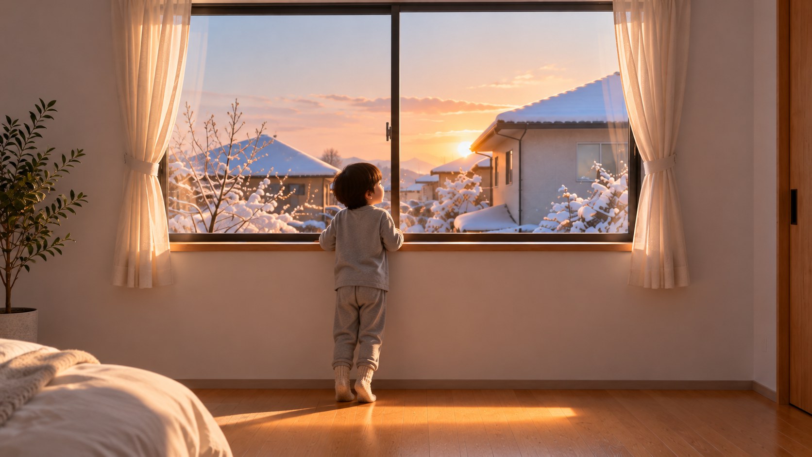 雪の朝、パジャマと靴下の男の子が、窓台に手をかけて外の雪を見ている
