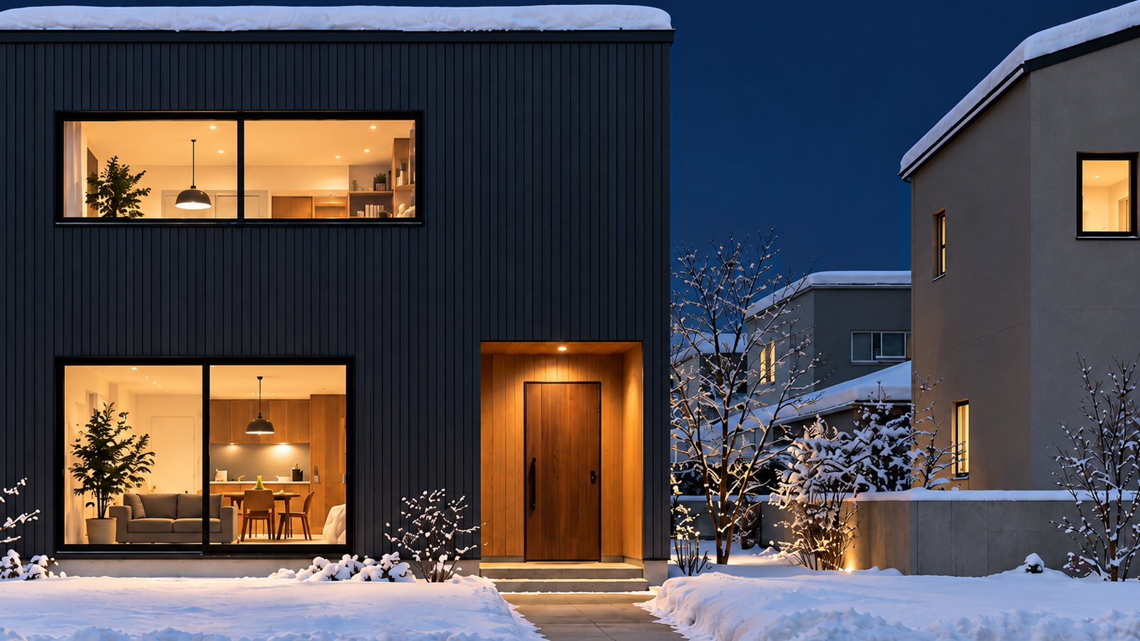 雪の夜、灯りのともる家の玄関。明るい木の扉と、雪をのせた植え込み