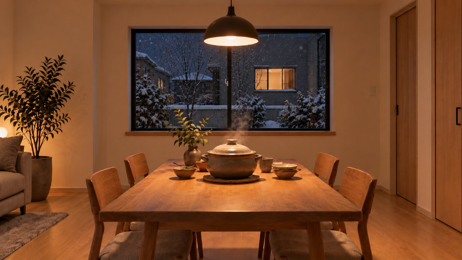 夜の食卓。木のテーブルに土鍋、窓の外は雪