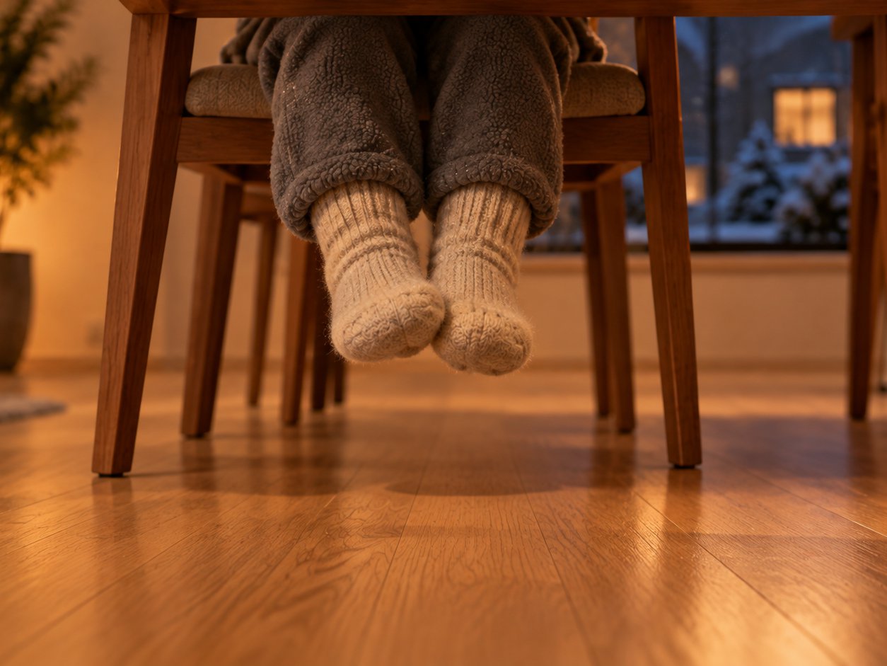無垢の杉の床の上で、いすに座った子どもの靴下の足がゆれている