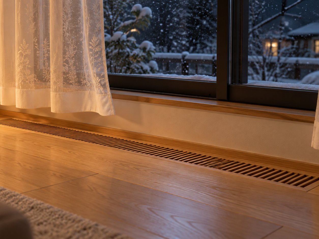 窓ぎわの床にある、床下のエアコンの吹き出し口。窓の外は雪の夜