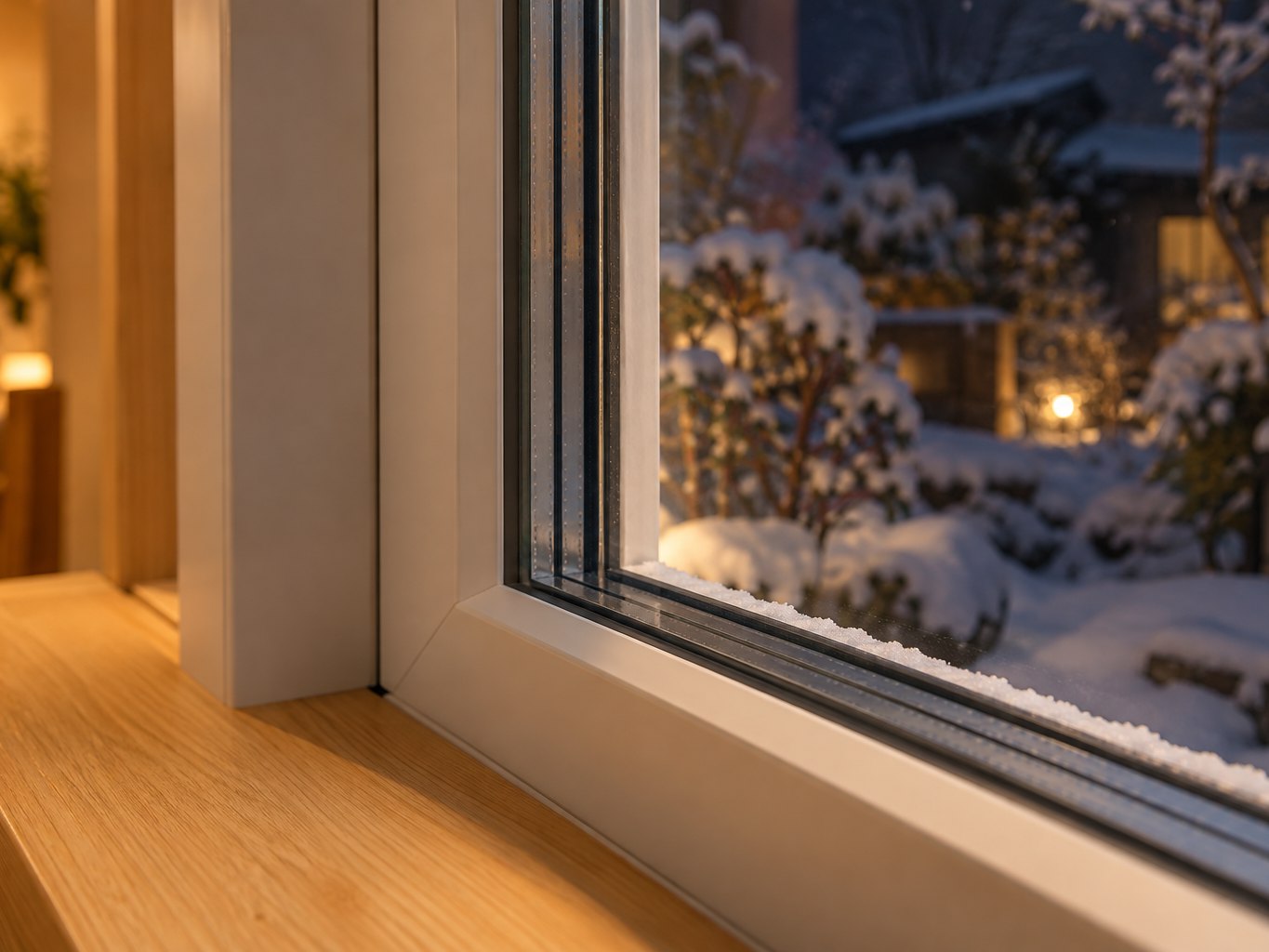 樹脂の窓枠に、三重ガラス。雪の夜も、窓ぎわが冷えにくい