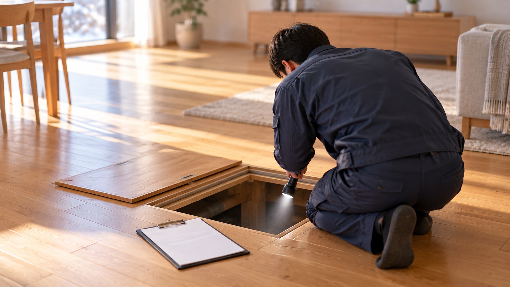 紺の作業着の点検の人が、居間の床下点検口を懐中電灯で照らしてのぞいている