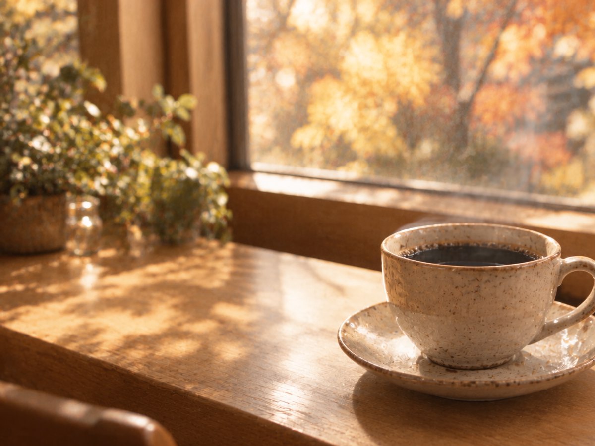 窓ぎわの木のカウンターに置かれた珈琲。窓の外は紅葉