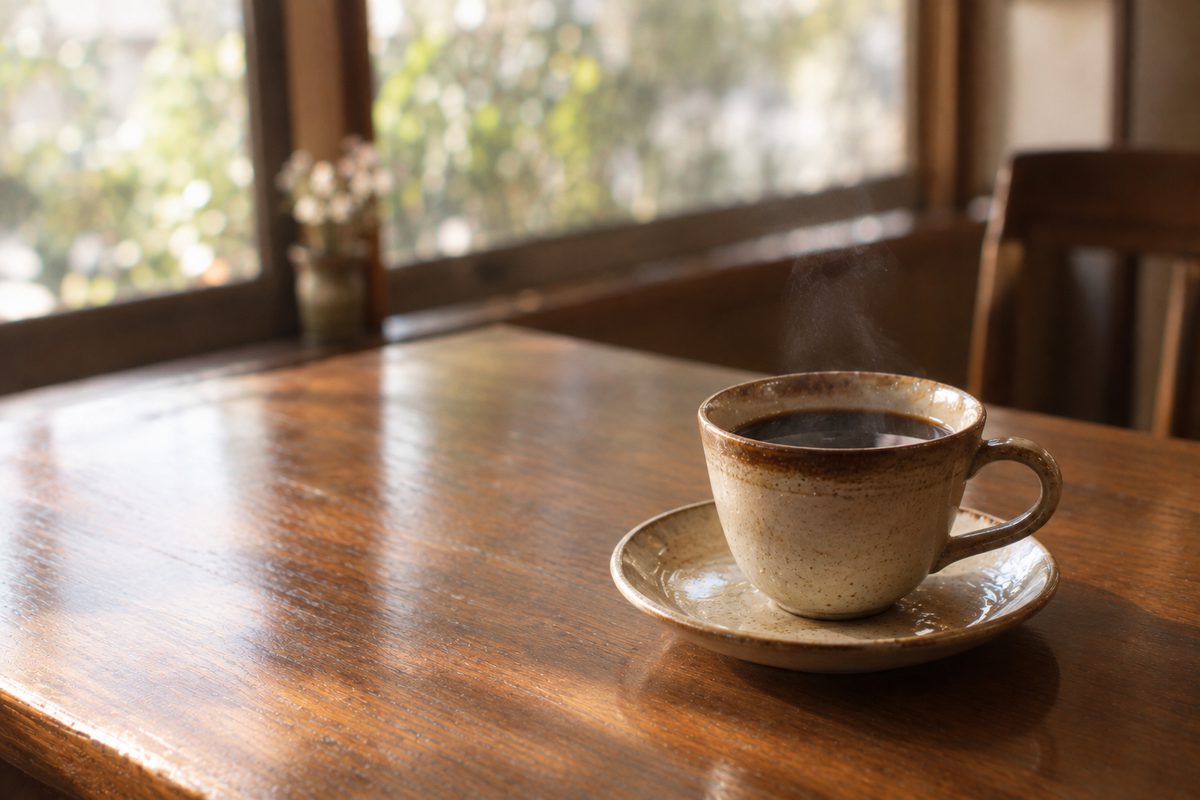 木のテーブルに置かれた、一杯の珈琲