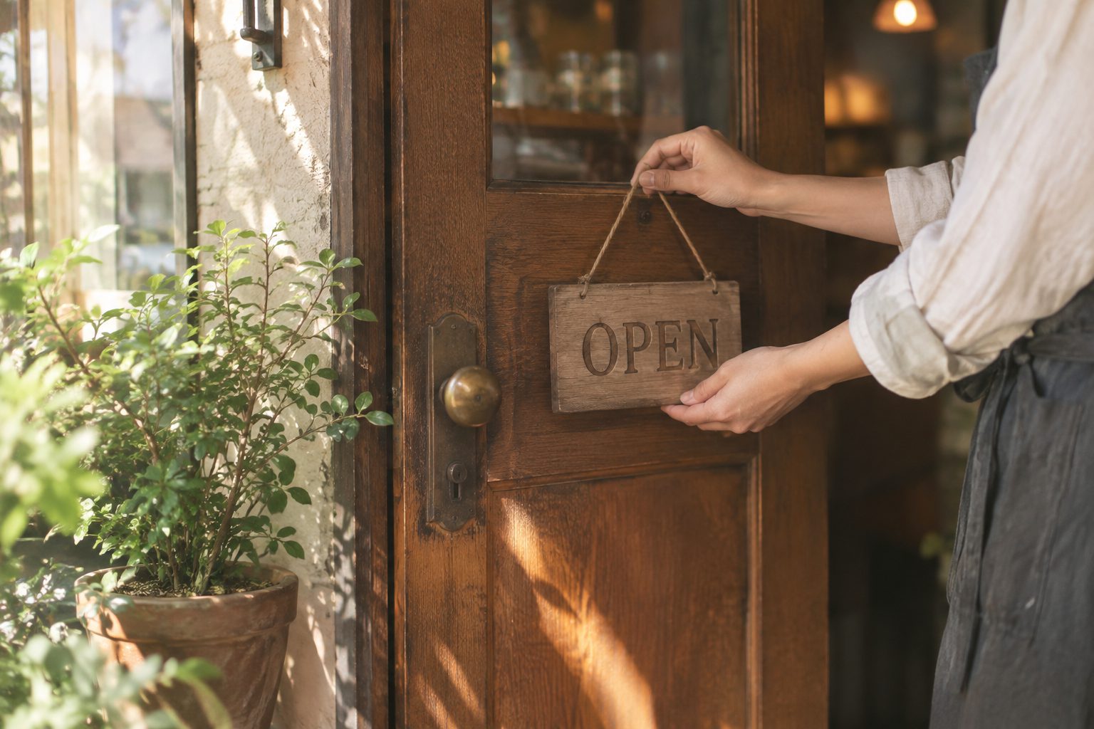 店の扉に、OPENのプレートをかけている店員