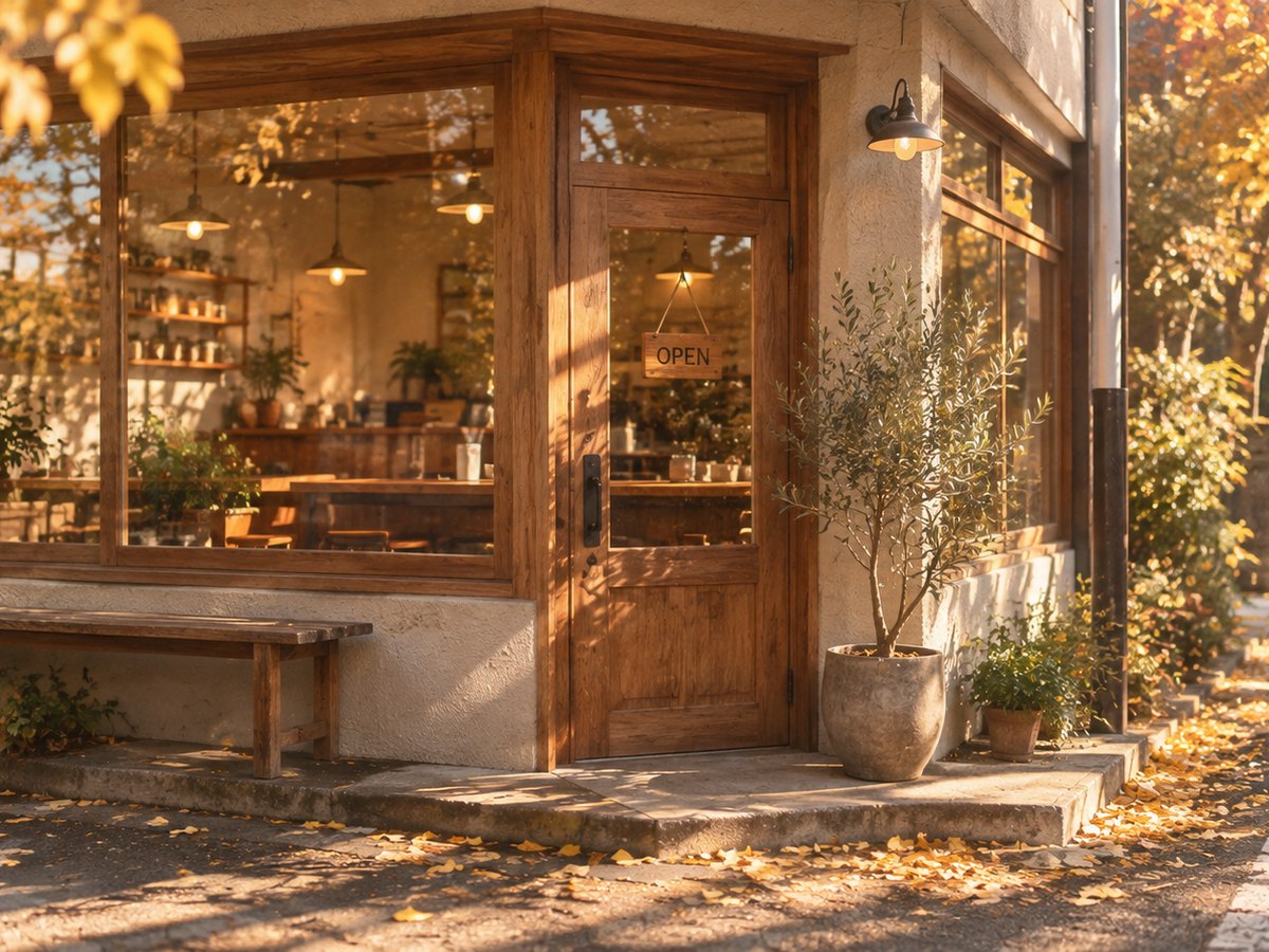 イチョウの落ち葉が散る角の店先。木の扉に「OPEN」の札