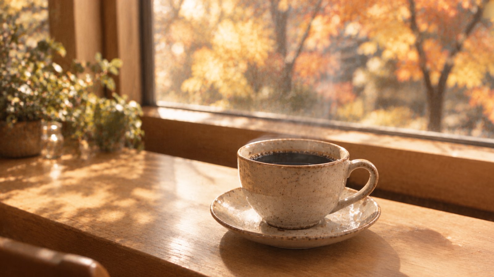 窓ぎわの木のカウンターに置かれた珈琲。窓の外は紅葉