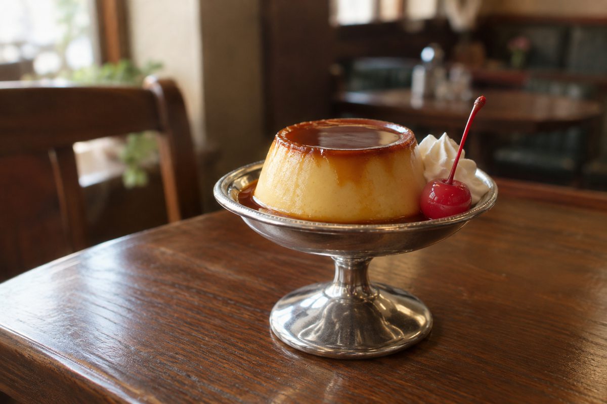 銀の器にのった、さくらんぼと生クリームを添えた昔ながらのプリン