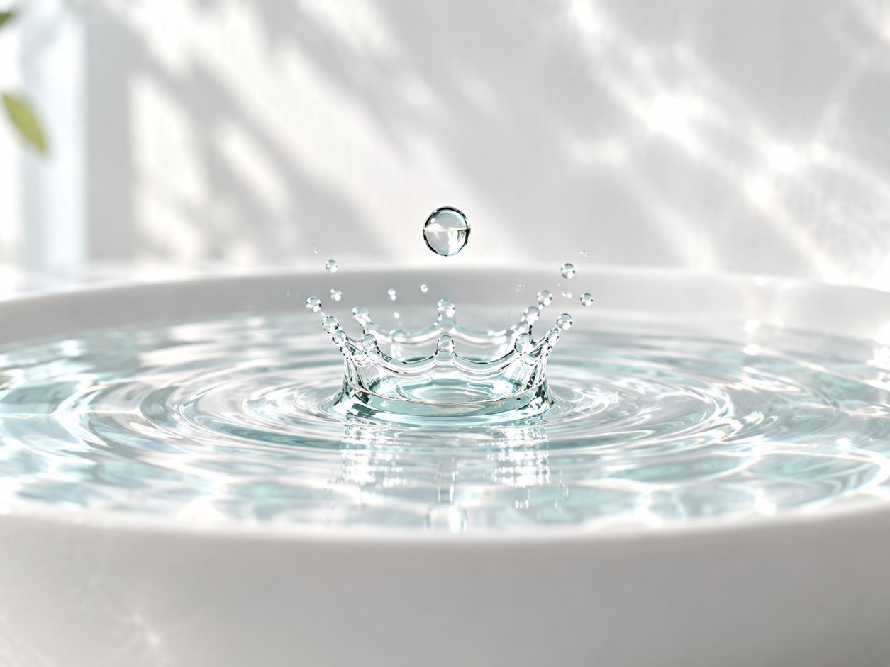 白い器の水面に、しずくが落ちて小さな王冠のように跳ねている
