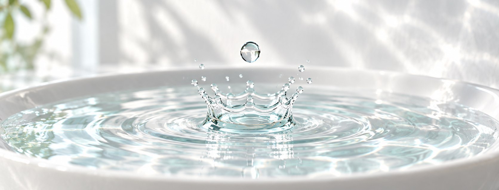 白い器の水面に、しずくが落ちて小さな輪が広がっている